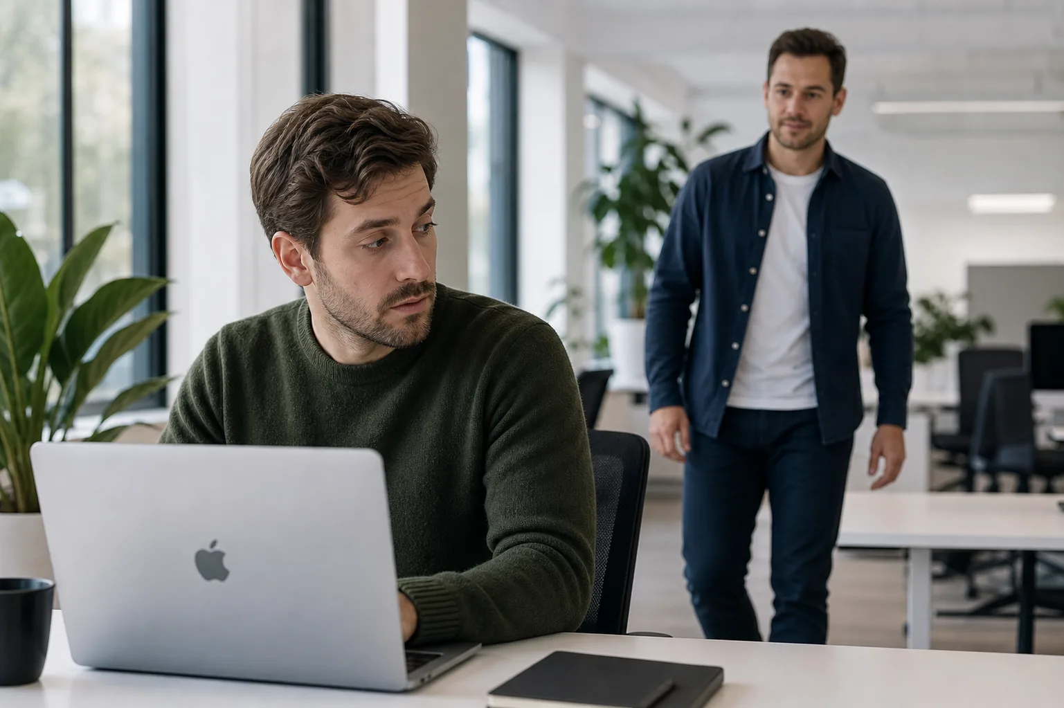 A person working at a Mac while someone approaches from behind in a bright office
